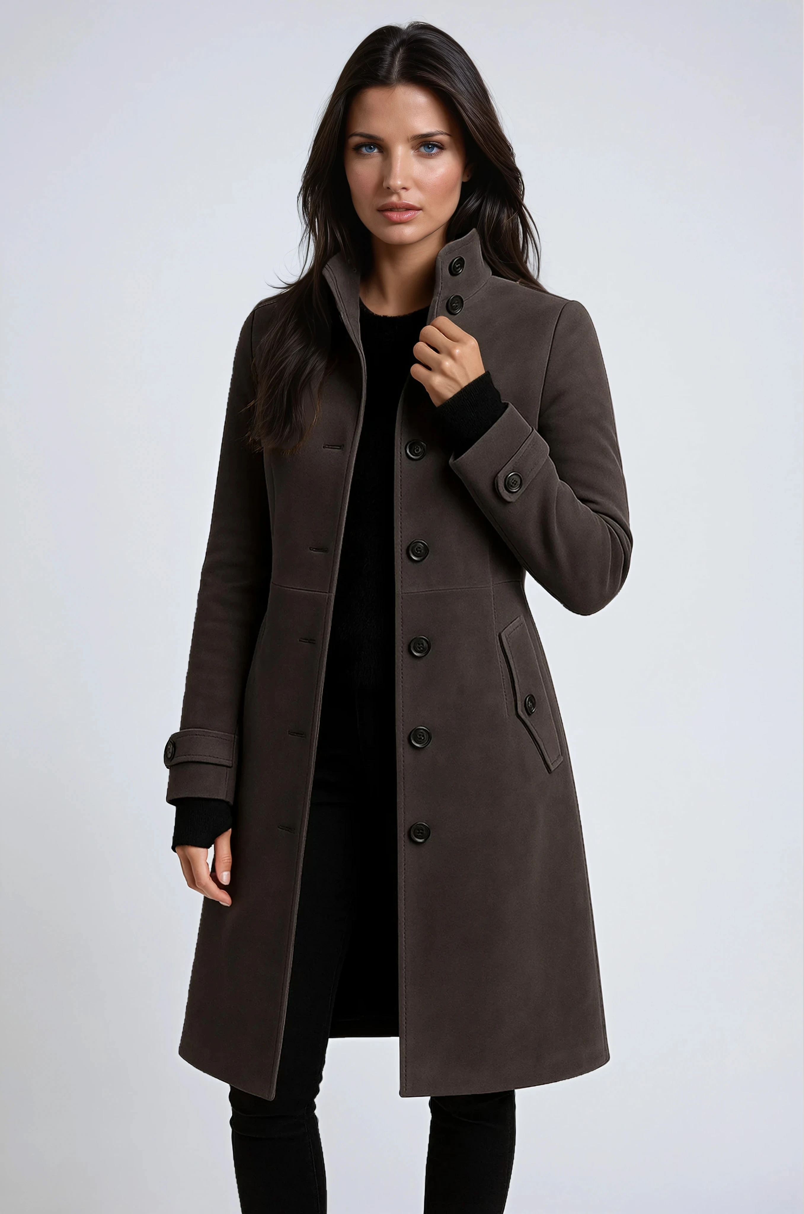 Trench winter coat with high collar